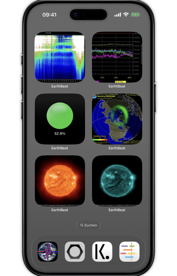 EarthBeat iOS widgets on Home Screen showing Schumann resonance spectrogram, Kp-index forecast, aurora map, GCP consciousness indicator, and live NASA Sun images