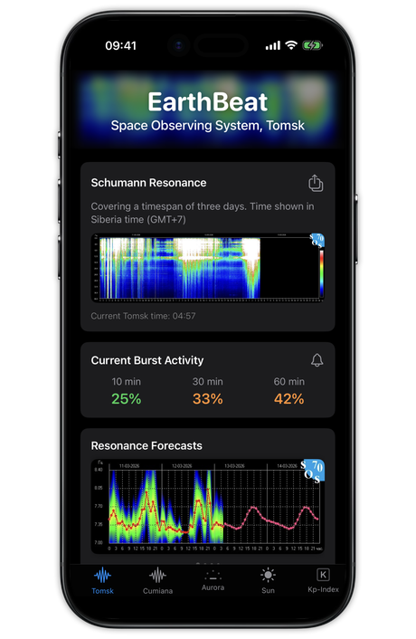 EarthBeat app showing live Schumann resonance data