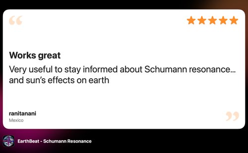5-star App Store review by ranitanani from Mexico: Works great, very useful for Schumann resonance and sun's effects on earth