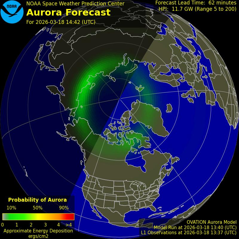 NOAA OVATION aurora forecast for the northern hemisphere showing predicted aurora oval